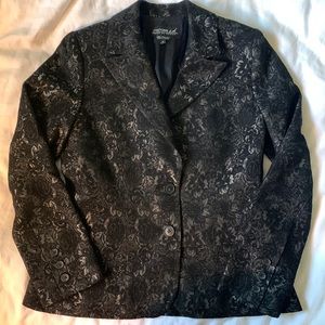 J Michaels black shiny patterned Italian fabric nipped waist lined blazer EUC